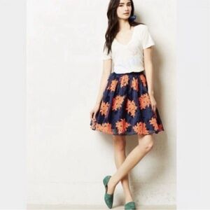 Anthropologie Maeve Pomme Blossom Skirt Embroidered Navy Orange Tulle Size 6 EUC